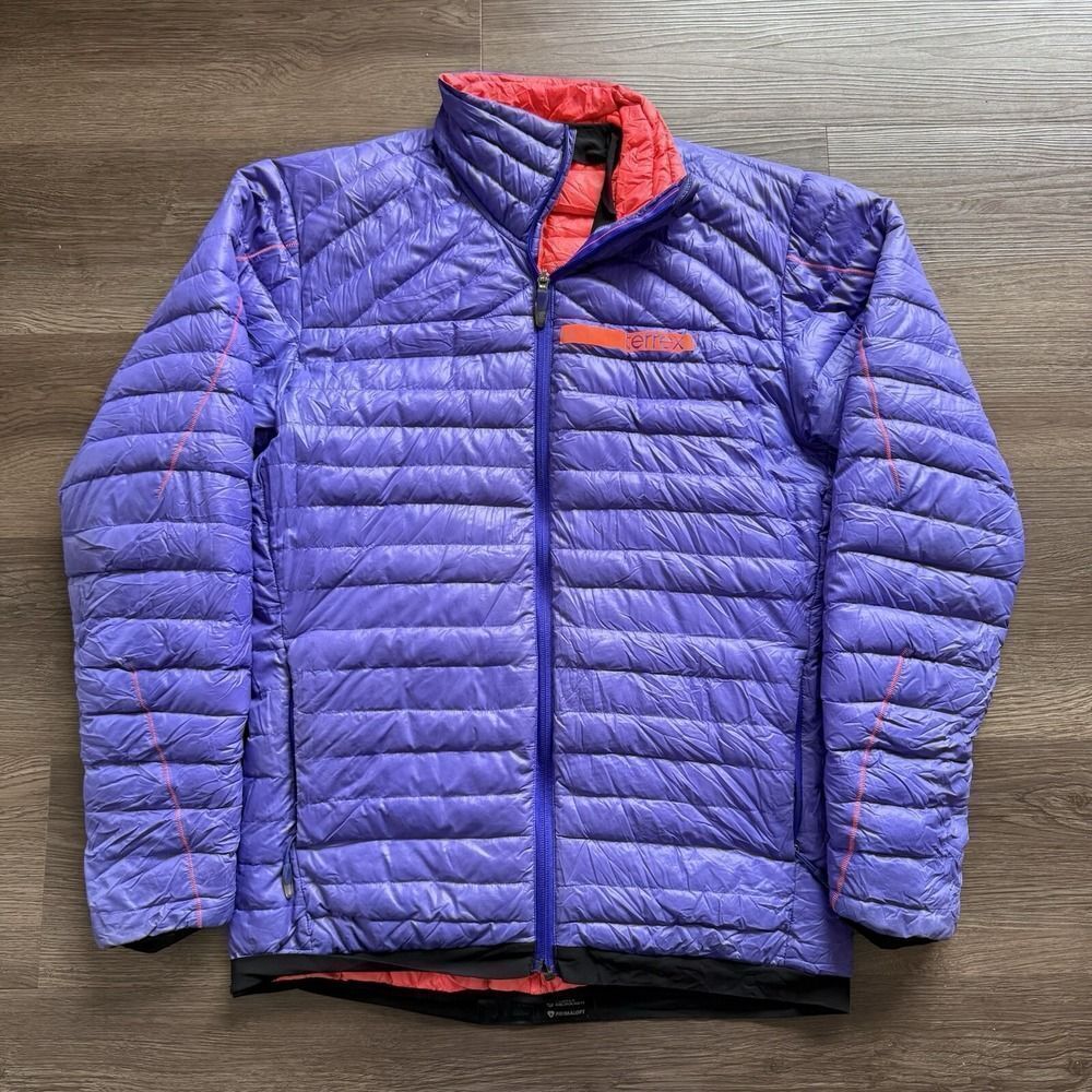 Adidas Terrex Jacket Mens Goose Down Primaloft Hiking Coat Purple Size M SAMPLE